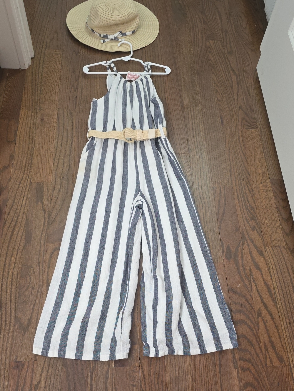 Max Studio Blue and White Striped Kids One-Piece with Beige Belt and Hat